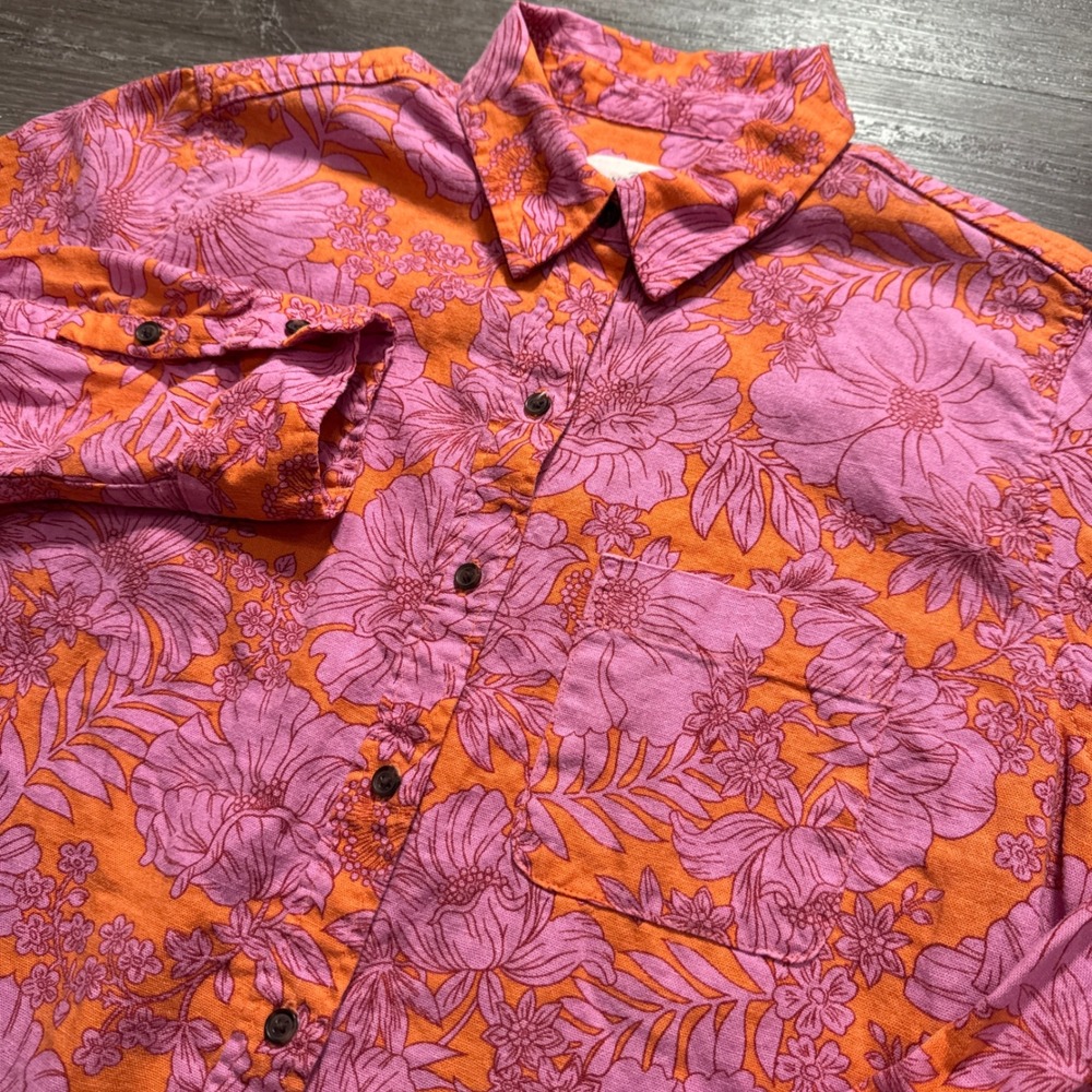 Universal Thread Shirt Womens Small Pink Linen Blend Aloha Boho Summer Tropical